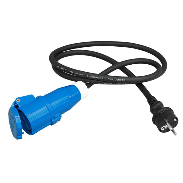 Adaptateur camping prise Schuko/CEE17 1m50. Mâle Schuko (Norme Française) /  Femelle CEE P17 (Norme camping Européenne), 230V-16A 3X1.5mm²